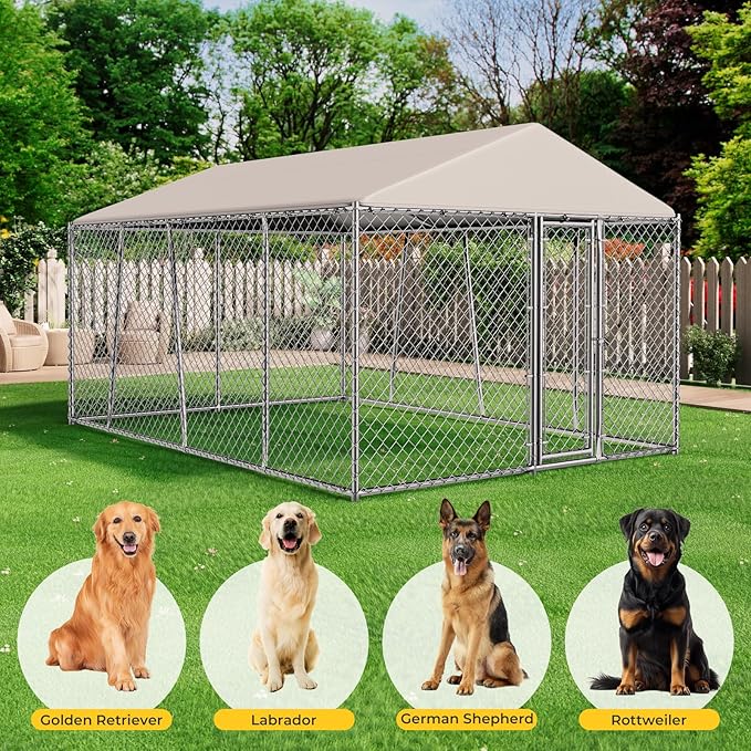 10 x 15FT Large Outdoor Dog Kennel with Roof, Dog Kennel Outside with Waterproof Cover, Galvanized Heavy Duty Chain Link Dog Runs Cage Playpen for Outside with Secure Lock