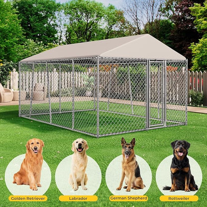 10 x 15FT Large Outdoor Dog Kennel with Roof, Dog Kennel Outside with Waterproof Cover, Galvanized Heavy Duty Chain Link Dog Runs Cage Playpen for Outside with Secure Lock