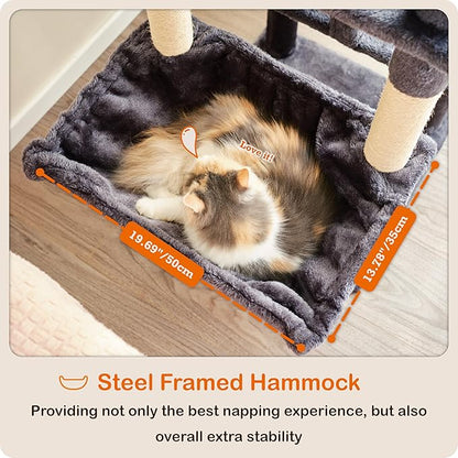 Ouritsu Cat Tree, 57 inch Cat Tower for Large Cat Indoor, 2 Top Perches with 1 Widened, 2 Condos with 1 Enlarged, Steel Frame Hammock, Scratching Posts and Scratching Pad, Dark Gray, LF003DG