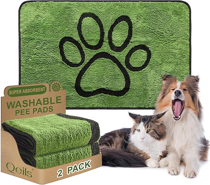 Qeils Washable Pee Pads for Dogs, 2 Pack Super Absorbent Reusable Puppy Pads with Green Long Wool for Potty Training, Floor, Couch, Bed, and Crate,30"x 48"