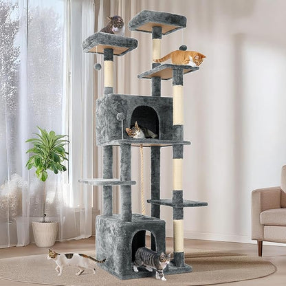 69in Large Cat Tree Tower for Indoor Cats with Soft Plush Hang Ball, Two Condos, Sisal Scratch Posts & Rope Play for Kittens/Adult Cats, Grey