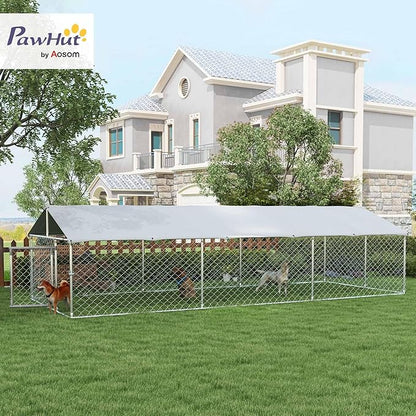 PawHut Large Dog Kennel Outside, Heavy Duty Dog Cage with Waterproof Cover, Outdoor Fence Dog Run with Galvanized Chain Link, Secure Lock, 19.7' x 7.5' x 4.9'