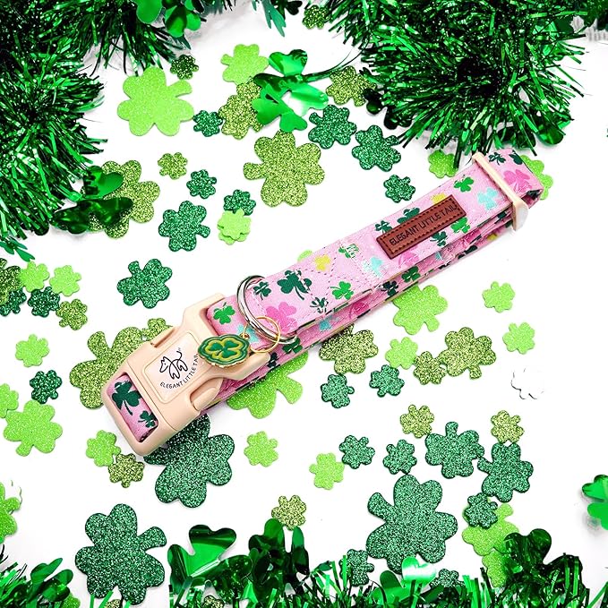 Elegant little tail St Patrick's Day Dog Collar-Lucky Colver Cotton Shamrock Pet Collar Trefoil Holiday Adjustable Cotton Pet Collar with Quick Release Buckle for Small Medium Large Dogs