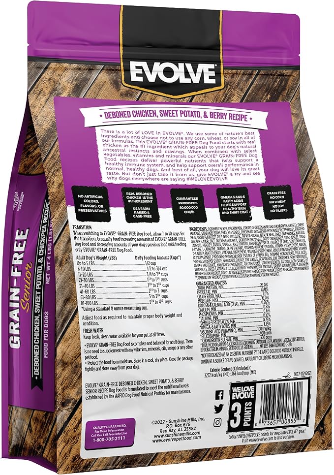 Evolve Grain Free Deboned Chicken, Sweet Potato and Berry Senior Recipe, 4lb