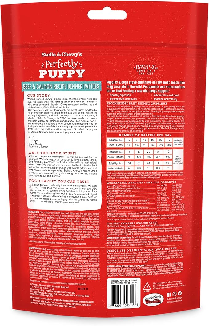 Stella & Chewy's Freeze Dried Raw Dinner Patties  Crafted for Puppies  Grain Free, Protein Rich Perfectly Puppy Beef & Salmon Recipe  5.5 oz Bag, Pack of 1