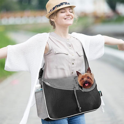 PetAmi Small Dog Sling Carrier, Soft-Sided Crossbody Puppy Carrying Purse Bag, Adjustable Sling Pet Pouch to Wear Medium Dog Cat Travel, Dog Bag for Traveling, Breathable, Poop Bag Dispenser, Black