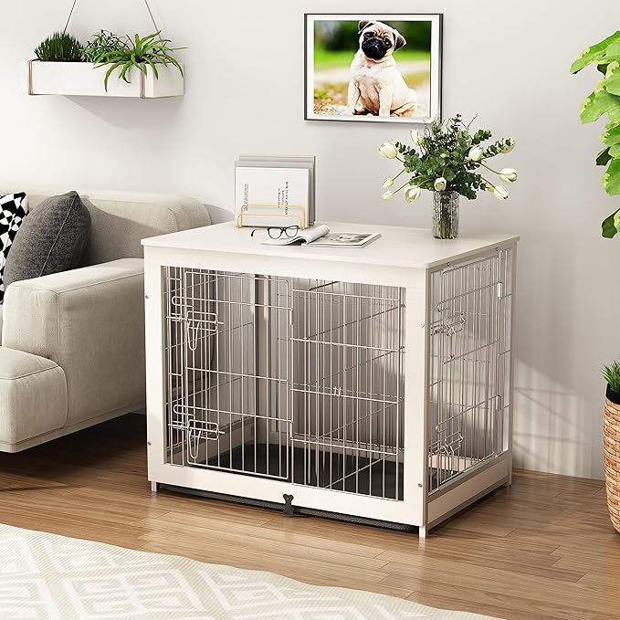 Piskyet Wooden Dog Crate Furniture with Divider Panel, Dog Crate End Table with Fixable Slide Tray, Double Doors Dog Kennel Indoor for Dogs(M:31.8" L*22.1" W*26.3" H,White)
