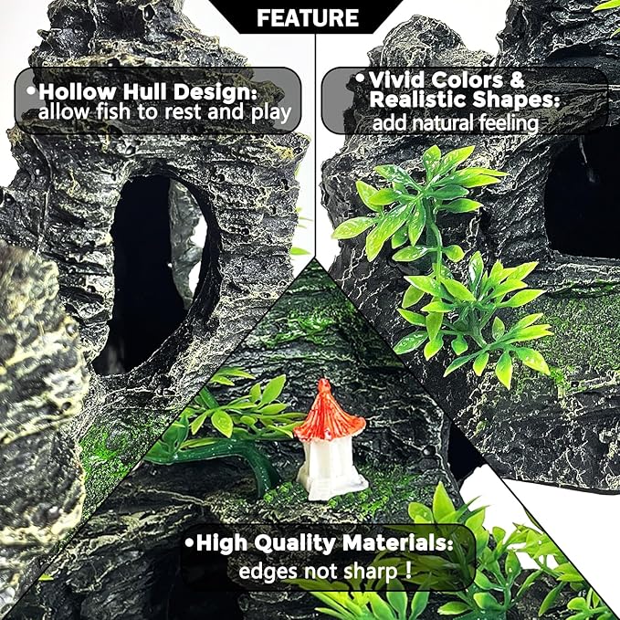 Aquarium Decoration Large and Tall for Fish Tank Rock Thematic Ornaments Aquarium Mountain View Stone Ornaments Aquarium Decor Tree House Cave Fish Tank Decorations - Extra Large