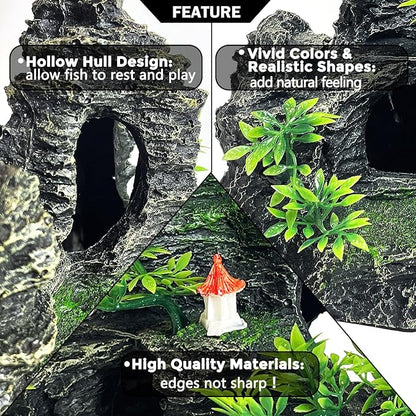 Aquarium Decoration Large and Tall for Fish Tank Rock Thematic Ornaments Aquarium Mountain View Stone Ornaments Aquarium Decor Tree House Cave Fish Tank Decorations - Extra Large