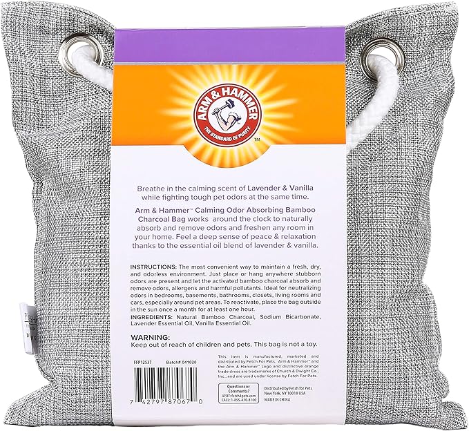 Arm & Hammer for Pets Air Care Calming Bamboo Charcoal Air Purifying Bag in Lavender Vanilla Scent | 17.6 oz Odor Absorbing Charcoal Bag | Easy Pet Odor Eliminator for Pet Households (FF12537)
