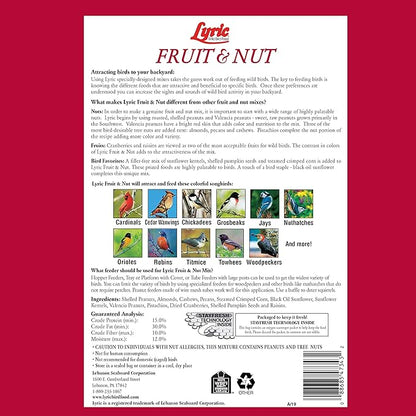 Lyric Fruit and Nut Wild Bird Seed - High Energy Wild Bird Food Mix - Attracts Woodpeckers, Chickadees & Other Songbirds - 20 lb bag