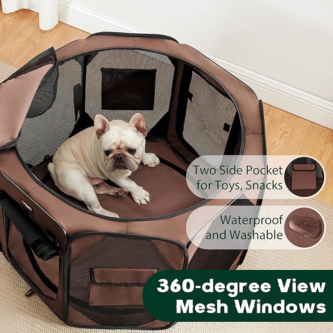 Love's cabin Pet Puppy Dog Playpen, Small Dog Tent Crates Cage Indoor/Outdoor, Portable Playpen for Cat, Foldable Pop Up Dog Kennel Playpen with Carring Case, Brown
