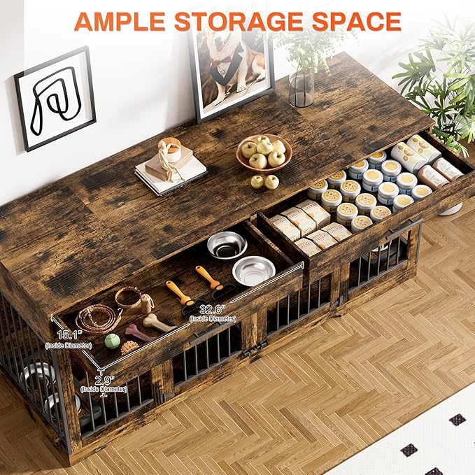 Rophefx 72" Dog Crate Furniture for 2 Dogs, Large Dog Kennel Furniture with 2 Storage Drawer and 4 Bowls, Wooden Dog Cage with Removable Divider, Indoor Dog House TV Stand for Medium Dog, Rustic Brown