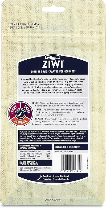 ZIWI Dog Chews and Treats  Venison Green Tripe - All Natural, Air-Dried, Single Protein, Grain-Free, High-Value Treat, Snack, Reward 2.4 Ounce (Pack of 1)