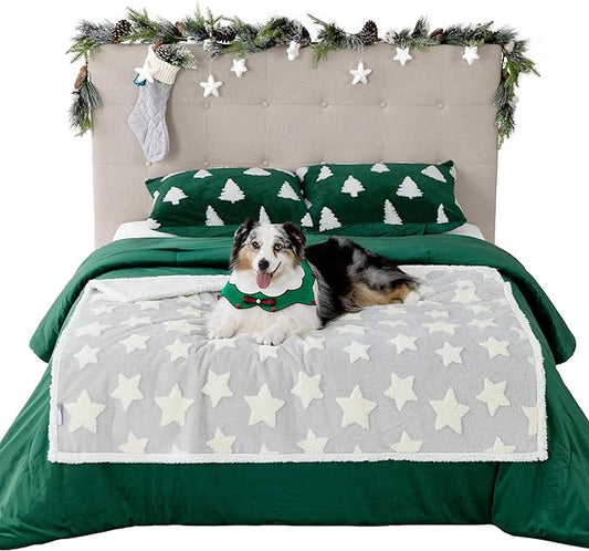 Lesure Waterproof Dog Blanket for Large Dogs - Washable Double Sided Dog Blankets with Warm Jacquard Shag and Soft Sherpa Fleece, Pet Cat Blanket for Bed Couch Protection, 3D Textured Star, Grey