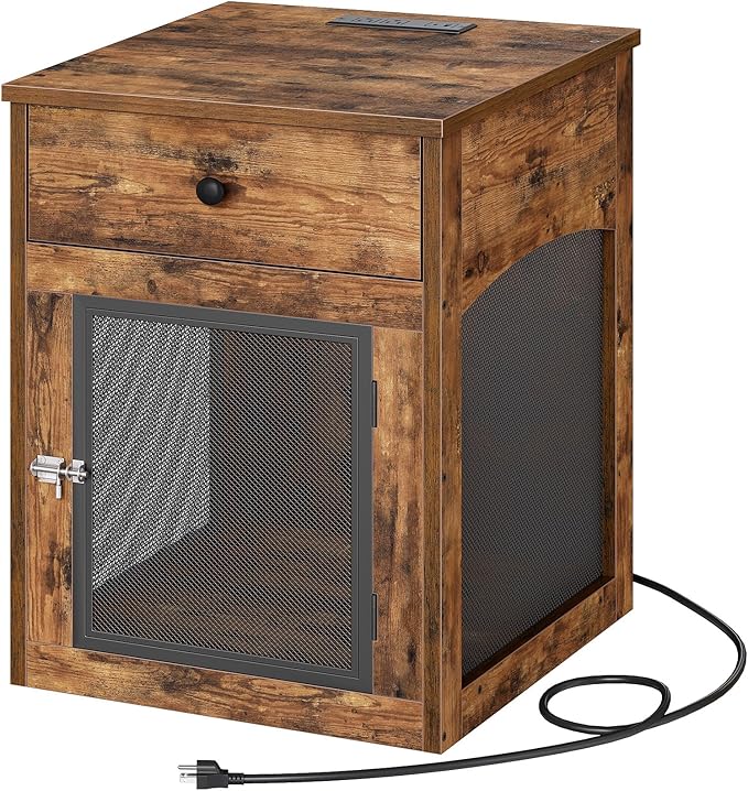 HOOBRO Dog Crate Furniture, Dog Kennel with Drawer and Charging Station, Indoor Decorative Puppy House, Wooden Pet Crate End Table for Small Dogs, Rustic Brown and Black BF58UGW03G1