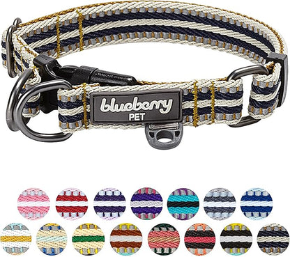 Blueberry Pet 3M Reflective Dog Collar - Adjustable Safety Dog Collars for Small Dogs, Multi-Colored Stripes in Olive & Blue-Gray, Durable Nylon Small Dog Collar with Pet Safety Features