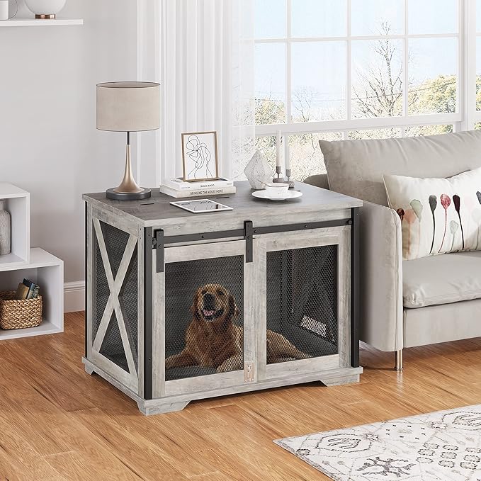 GAOMON Dog Crate Furniture with Slidings Doorsï¼_ooden Dog Kennel End Table with Flip-top Plate for Dogsï¼_ndoor Dog Crate Furniture with Detachable Divider for Medium Dogs, Dog House,Grey