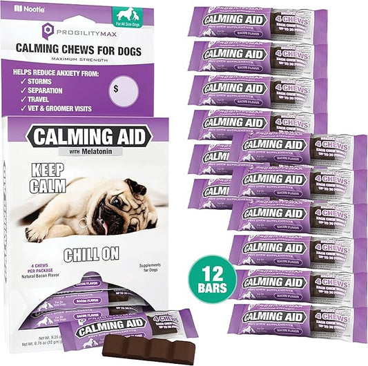 Nootie ProgilityMAX Calming Aid Chews for Dogs, Maximum Strength Calming Support for Dogs with Melatonin, 12 Single-Serve Bars, 4 Chews Per Bar