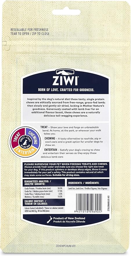 ZIWI Dog Chews and Treats  Lamb Ears - All Natural, Air-Dried, Single Protein, Grain-Free, High-Value Treat, Snack, Reward 2.1 Ounce (Pack of 1)