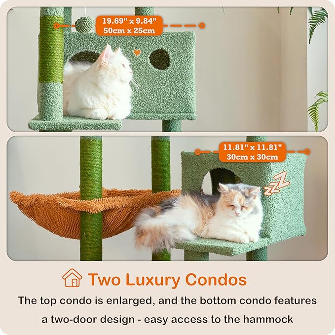 Ouritsu Cat Tree, 57 inch Cat Tower for Large Cat Indoor, 2 Top Perches with 1 Widened, 2 Condos with 1 Enlarged, Steel Frame Hammock, Scratching Posts and Scratching Pad, Green, LF003GB