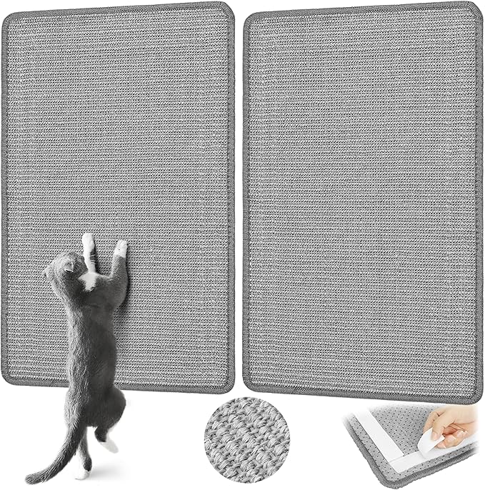 Gray Cat Scratching Mat Sisal, 2 Packs Sisal Fabric Large Cat Scratching Pad for Indoor Cats with Adhesive Hook Loop Tape, Wall Scratchers for Indoor Cats 23.6" x 15.7"
