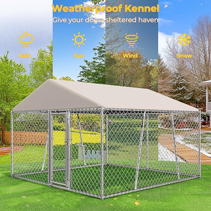 10 x 10FT Large Outdoor Dog Kennel with Roof, Dog Kennel Outside with Waterproof Cover, Galvanized Heavy Duty Chain Link Dog Runs Cage Playpen for Outside with Secure Lock