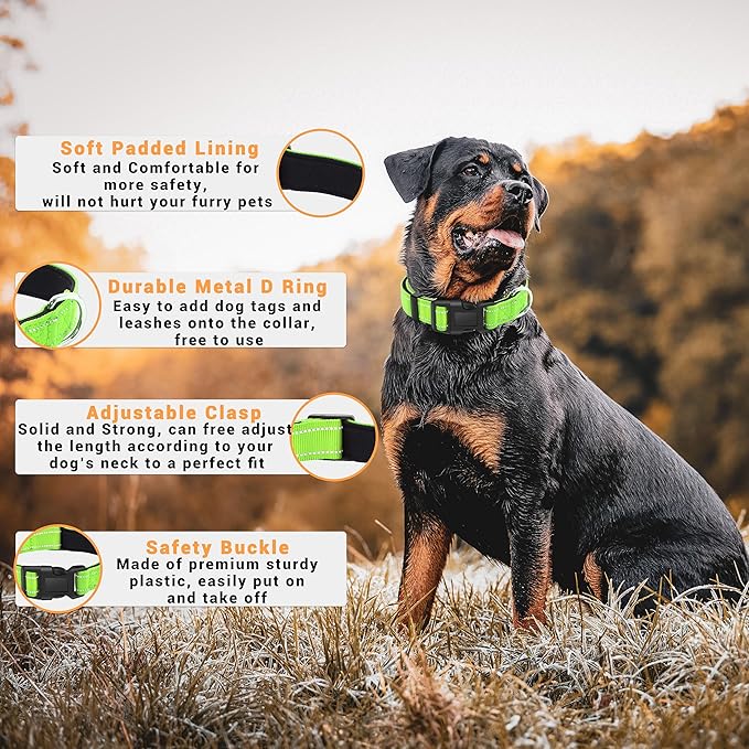 2 Pack Reflective Dog Collar with Safety Locking Buckle, Adjustable Soft Breathable Comfortable Nylon Pet Collar for Small, Medium and Large Dogs, Green, L