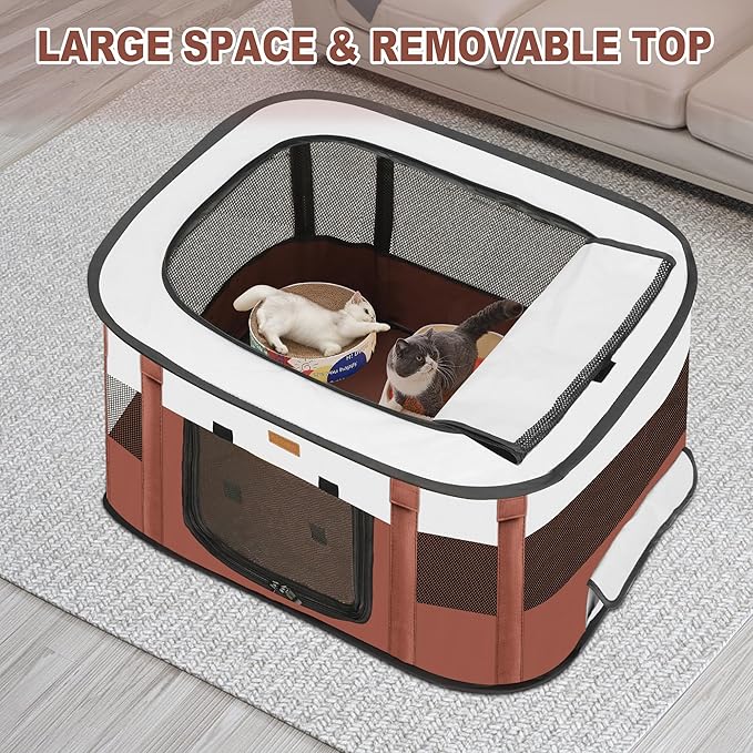 Dog Playpen - Foldable Cat Play Pens for Pubby, Kitten, Rabbit, Portable Pet Tent with Carring Bag for Indoor/Outdoor Travel Camping (Brown-Large)