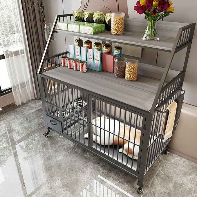 KEIKI 47 Inch Dog Crate Furniture for Large Medium Dogs, with Storage Shelves and Bowls, Indoor Dog Cage with 360° Caster Wheels & Flip-top Plate, Grey