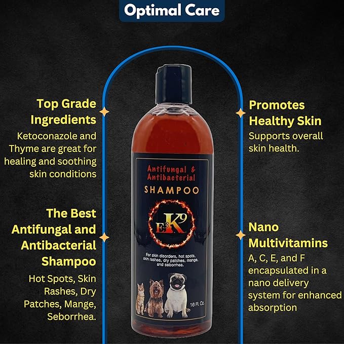 E3K9 Medicated Dog & Cat Shampoo - Antifungal & Itchy Skin Relief with Ketoc & Thymol - Hot Spot, Mange, Seborrhea Treatment - Antifungal Dog Shampoo for Yeast