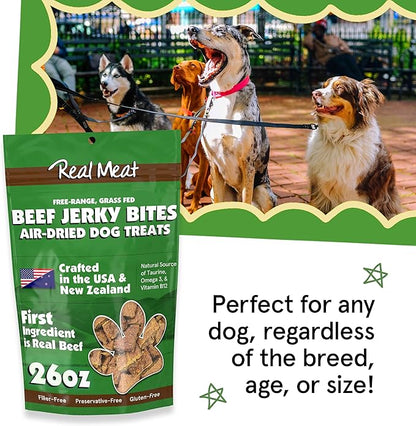 Real Meat Dog Treats - 26oz Bag of Bite-Sized Air-Dried Beef Jerky for Dogs - Grain-Free Jerky Dog Treats Made up of 95% Human-Grade, Free-Range, Grass Fed Beef - All-Natural High Protein Dog Treats