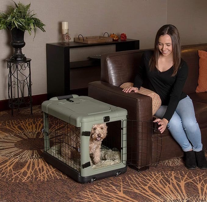 Pet Gear _he Other Door 4 Door Steel Crate for Dogs/Cats with Garage-Style Door, Includes Plush Bed + Travel Bag, No Tools Required, Willow