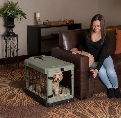 Pet Gear _he Other Door 4 Door Steel Crate for Dogs/Cats with Garage-Style Door, Includes Plush Bed + Travel Bag, No Tools Required, Willow
