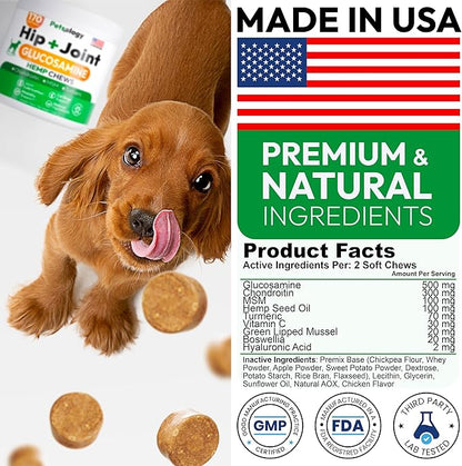 Hemp Hip and Joint Supplement for Dogs - Glucosamine for Dogs - 170 Mobility Support Chews - Advanced Joint Pain Relief Treats with Chondroitin, MSM, Turmeric - Large & Small Breeds - Made in USA