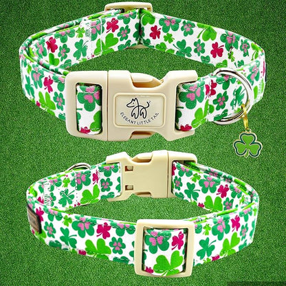 Elegant little tail St Patrick's Day Dog Collar-Green Cute Colver Cotton Shamrock Pet Collar Trefoil Holiday Adjustable Cotton Pet Collar with Quick Release Buckle for Small Medium Large Dogs