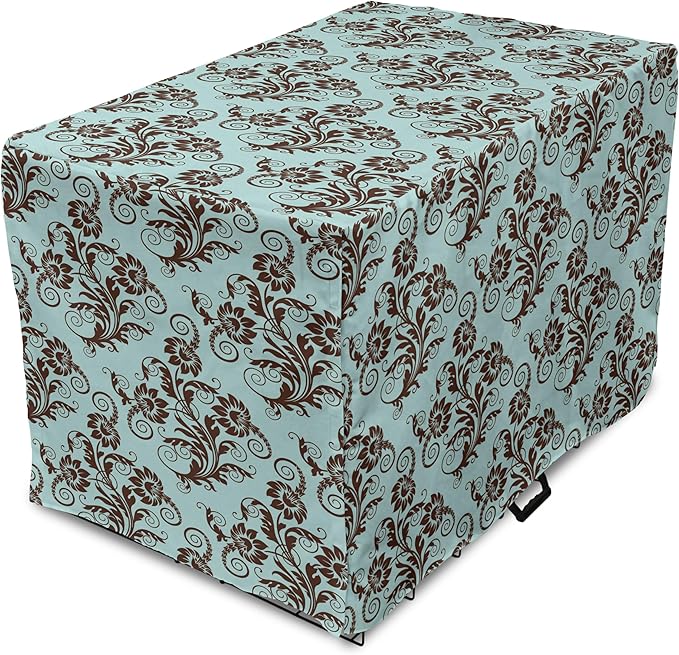 Ambesonne Art Nouveau Dog Crate Cover, Vintage Swirls Vibrant Foliage Damask Style Classic Renaissance, Easy to Use Pet Kennel Cover for Medium Large Dogs, 36 Inch, Seal Brown and Pale Blue
