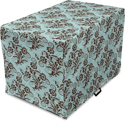 Ambesonne Art Nouveau Dog Crate Cover, Vintage Swirls Vibrant Foliage Damask Style Classic Renaissance, Easy to Use Pet Kennel Cover for Medium Large Dogs, 36 Inch, Seal Brown and Pale Blue