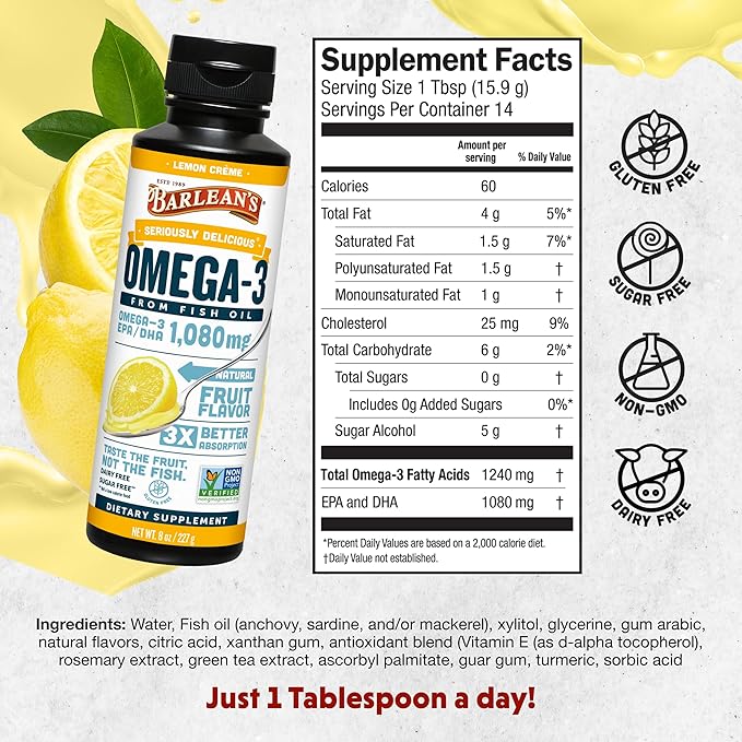 Barlean's Lemon Creme Omega 3 Fish Oil Supplements - 1080mg of EPA/DHA for Brain, Heart, Joint, & Immune Health - All-Natural Fruit Flavor, Non GMO, Gluten Free - 8-Ounce