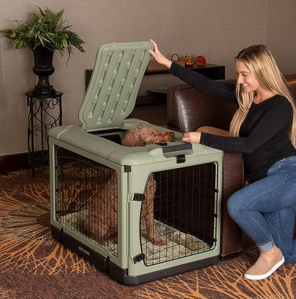 Pet Gear _he Other Door 4 Door Steel Crate for Dogs/Cats with Garage-Style Door, Includes Plush Bed + Travel Bag, No Tools Required, Willow