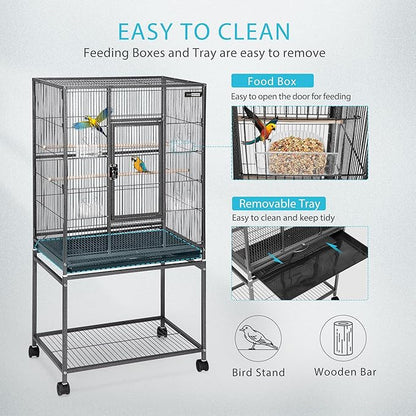 VIVOHOME 54 Inch Wrought Iron Large Bird Flight Cage with Rolling Stand for Parakeets Canaries Cockatiels Lovebirds Conures, Black