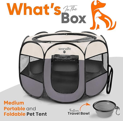 SereneLife On-The-Go Foldable Portable Pet Tent 8-Panel Playpen for Dog & Cat w/Food/Water Bowl, Mesh Exercise Puppy Playground, Pet House Indoor & Outdoor, Travel & Camping Pet Kennel (Grey, Medium)
