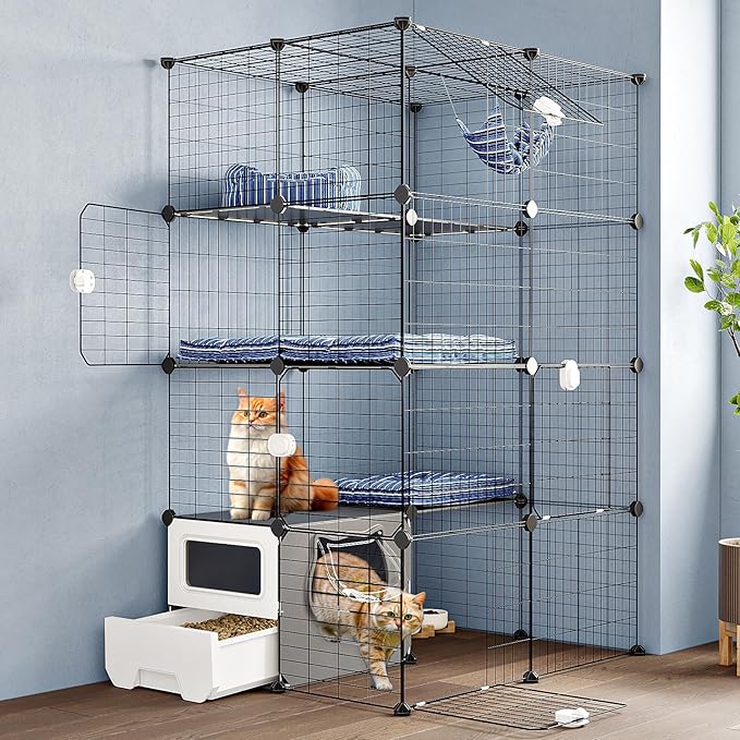 Oneluck Cat Cage with Litter Box, 4-Tier DIY Enclosures Detachable Metal Wire Kennel Indoor Crate Large Exercise Place Ideal for 1-2 Cats