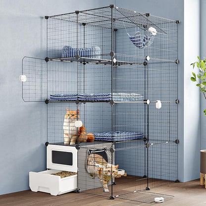 Oneluck Cat Cage with Litter Box, 4-Tier DIY Enclosures Detachable Metal Wire Kennel Indoor Crate Large Exercise Place Ideal for 1-2 Cats