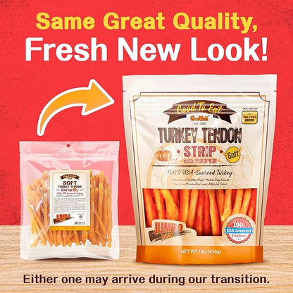 Gootoe Soft Turkey Tendon Dog Treat Natural Chewy Snack, 100% USA-Sourced, Premium Training Chew, Reseal Value Bag, Ideal for Small & Senior Dogs, Soft Strip with Pumpkin Jumbo Pack, 1 lb (Pack of 1)