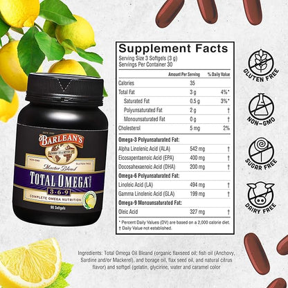 Barlean's Total Omega 3 6 9 Softgels, Blended Fish Oil Supplement with Borage and Flaxseed Oil, 1,000 mg Omegas ALA, EPA, DHA and GLA for Joint Support Supplements and Heart Health, 90 Count