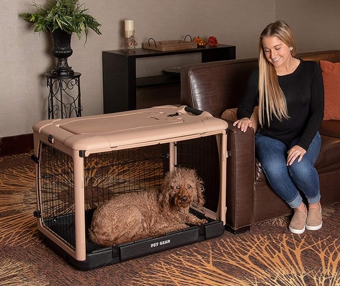 Pet Gear _he Other Door 4 Door Steel Crate for Dogs/Cats with Garage-Style Door, Includes Plush Bed + Travel Bag, No Tools Required, Beige