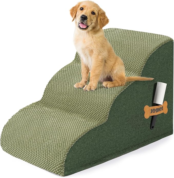 Romrol Dog Stairs Ramp for Beds Couches, Extra Wide Pet Steps with Durable Non-Slip Waterproof Fabric Cover, Pets Slope Stairs, 3-Tiers,Green