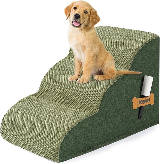 Romrol Dog Stairs Ramp for Beds Couches, Extra Wide Pet Steps with Durable Non-Slip Waterproof Fabric Cover, Pets Slope Stairs, 3-Tiers,Green