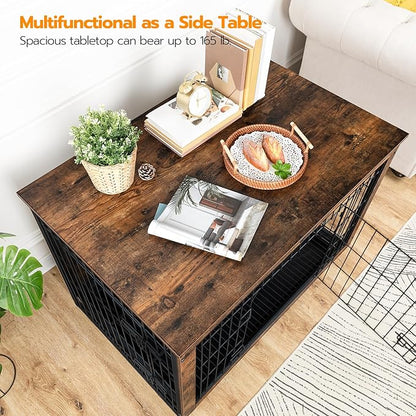HOOBRO Dog Crate Furniture, 38.6" Large Dog Kennel Indoor, Wooden Cage with Pull-Out Tray, Double Doors Pet House Side End Table for Large/Medium/Small Dogs, Rustic Brown BF982GW03G1